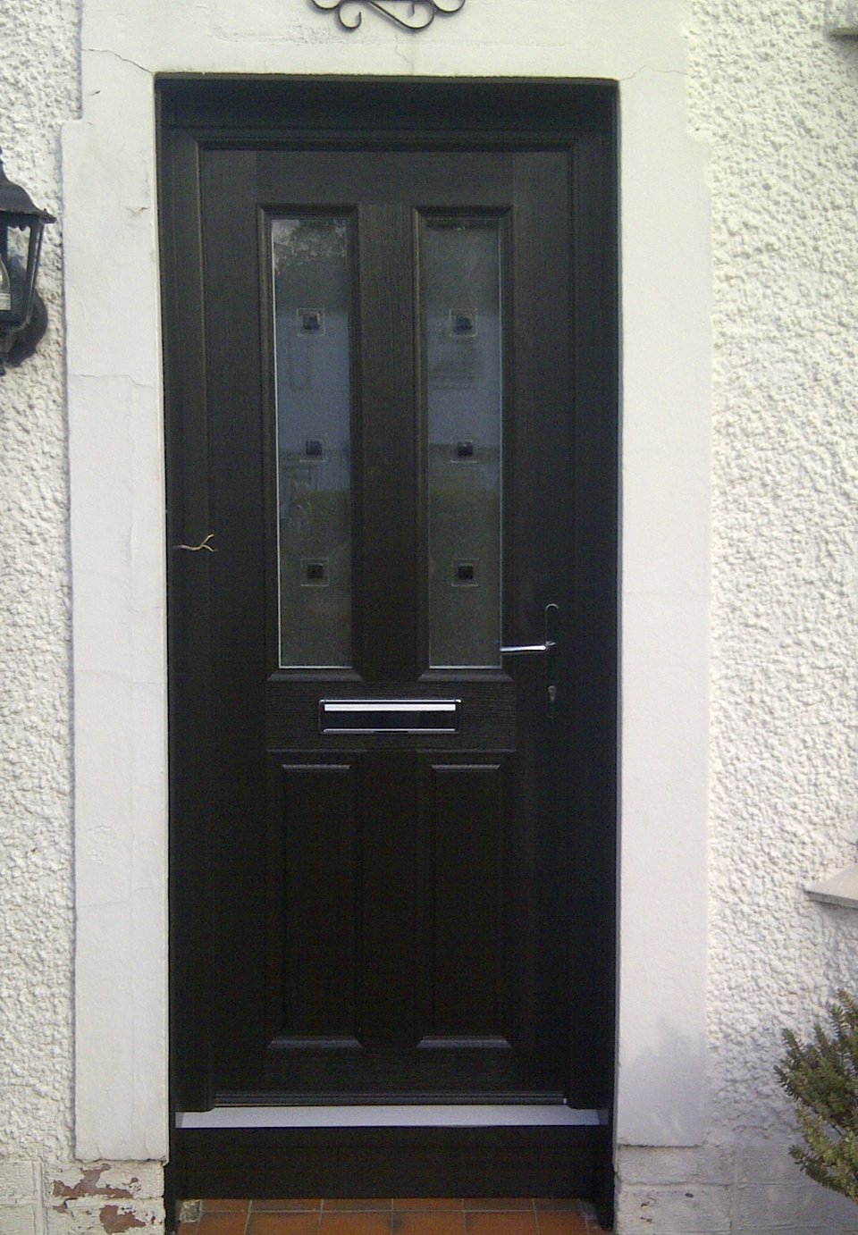 Dark entrance door with two decorative glazed panels and a silver letterbox.